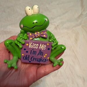 Green Frog Figurine with Purple Sign